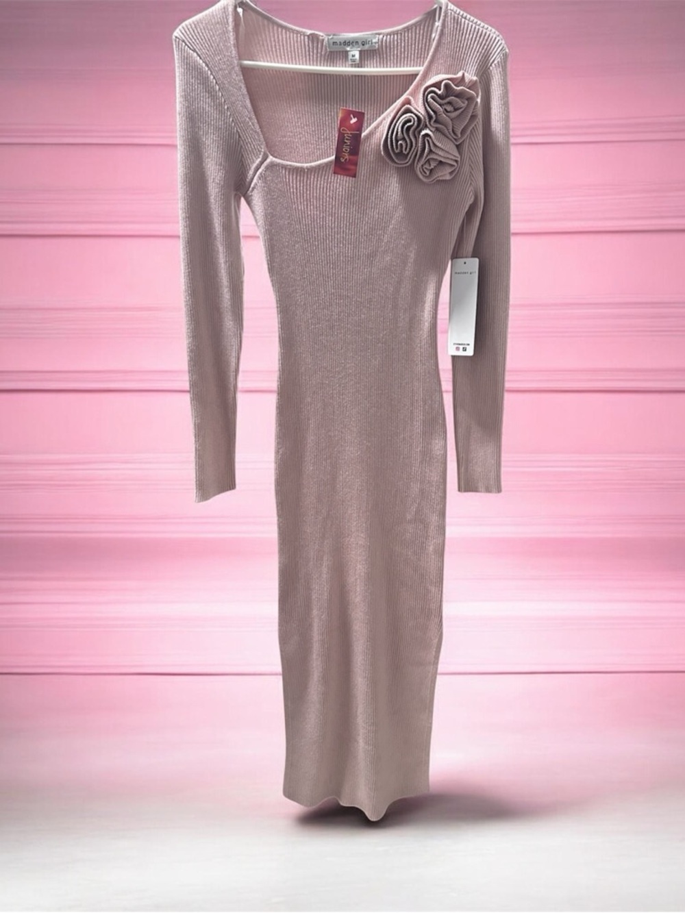 Madden Girl Blush Long Sleeve Ribbed Midi Dress with Floral Applique